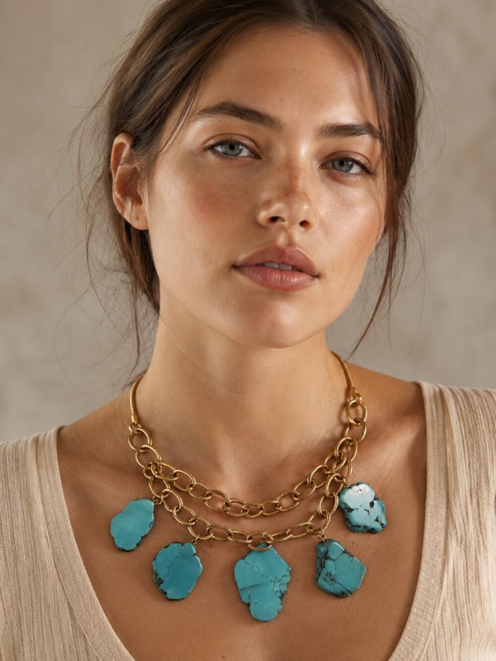 Vintage Turquoise Stone Slab Statement Necklace Gold Tone Chunky Boho Artisan